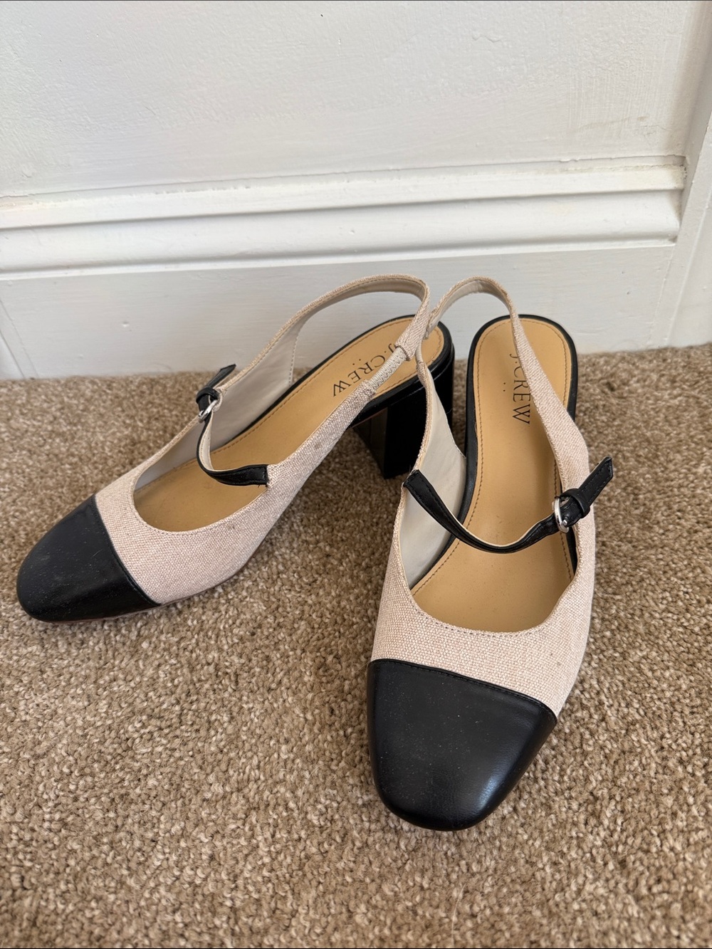 J. Crew Beige and Black Slingback Block Heel Pumps
